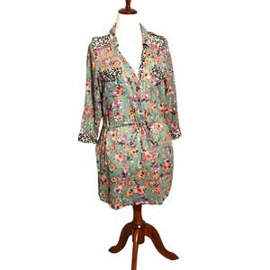 ZIngara cotton dress mixed floral & cheetah print, crochet beading Sz 3/Small